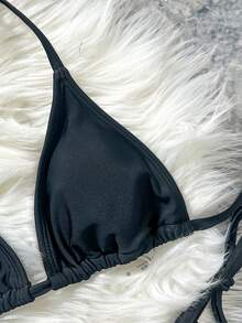 Swim SXY 女士夏季度假沙滩露背比基尼套装及镂空罩衫 - 黑色 - 查看 5