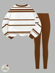 SHEIN Leap Crew 2 件套青少年女孩休闲时尚经典咖啡色条纹蝴蝶结图案套头衫和紧身裤套装，柔软厚实圆领长袖，适合秋冬季 - 彩色 - 查看 3