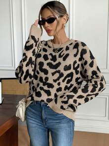 Serisse Suéter de cuello redondo de manga larga con estampado total casual para mujer en otoño/invierno - Negro - Ver 3