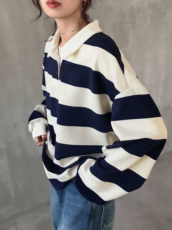 FRIFUL 女士宽松圆领落肩长袖条纹休闲T恤，百搭秋冬