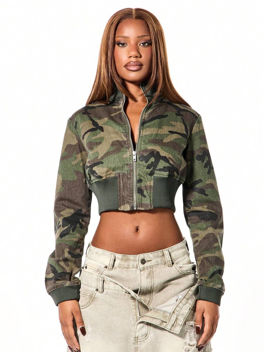 SUMWON WOMEN Camouflage Cropped Bomber Jacket With Ribbed Trim For Fall Winter Outerwear - Army Green - View 1