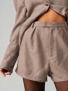 MISSGUIDED High Waisted Pleated Front Wool Blend Shorts For Women Fall Winter Business Casual Office Wear - Grey - View 4