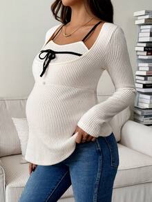 SHEIN Camiseta casual de manga larga, cuello redondo, ajustada y acanalada con bloqueo de color para maternidad - Albaricoque - Ver 5