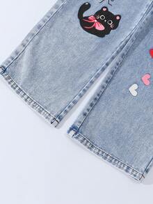 SHEIN ChillGRL 少女时尚新款做旧雪花刺绣阔腿牛仔裤 - 淺色水洗藍 - 查看 6