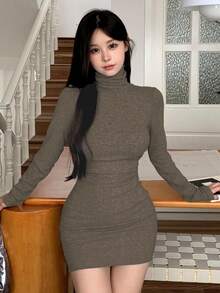 DAZY 女式高领罗纹紧身连衣裙，秋季服装长袖连衣裙 - 咖啡棕 - 查看 3