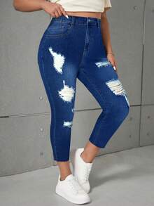 SHEIN ICON Jeans negros de talle alto, elásticos, rotos y entallados en talla grande - Azul lavado oscuro - Ver 1