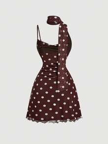 Skyraze Women's Retro Romantic Vintage Elegant Brown And White Polka Dot Summer Mesh Dress Asymmetrical Collar Draped Ruched Waist Party Garden Party Vacation - Brown - View 5
