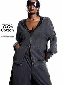 LYSMO 街头潮流男女通用金属孔眼设计纯色落肩拉链前开衫，适合返校、旅行、秋冬