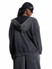 LYSMO 街头潮流男女通用金属孔眼设计纯色落肩拉链前开衫，适合返校、旅行、秋冬