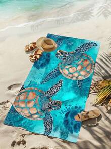 SHEIN 1pc Sea Turtle In Ocean Print Beach Towel, Oversized Large Towel, Super Soft And Quick Drying, Multi-Use Summer Bath Towel For Yoga, Swimming, Fitness, Camping, Sandbeach, Ideal HolidayTravel Essentials Travel Accessories - Multicolor - View 4