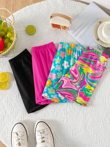 SHEIN Bộ 4 quần short in họa tiết sóng nhuộm hoa đơn sắc thường ngày cho bé gái - Nhiều màu - Xem 6