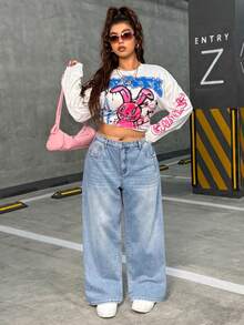 SHEIN ICON 加大码高腰宽松链条装饰保暖内衬阔腿牛仔裤 - 藍色 - 查看 6