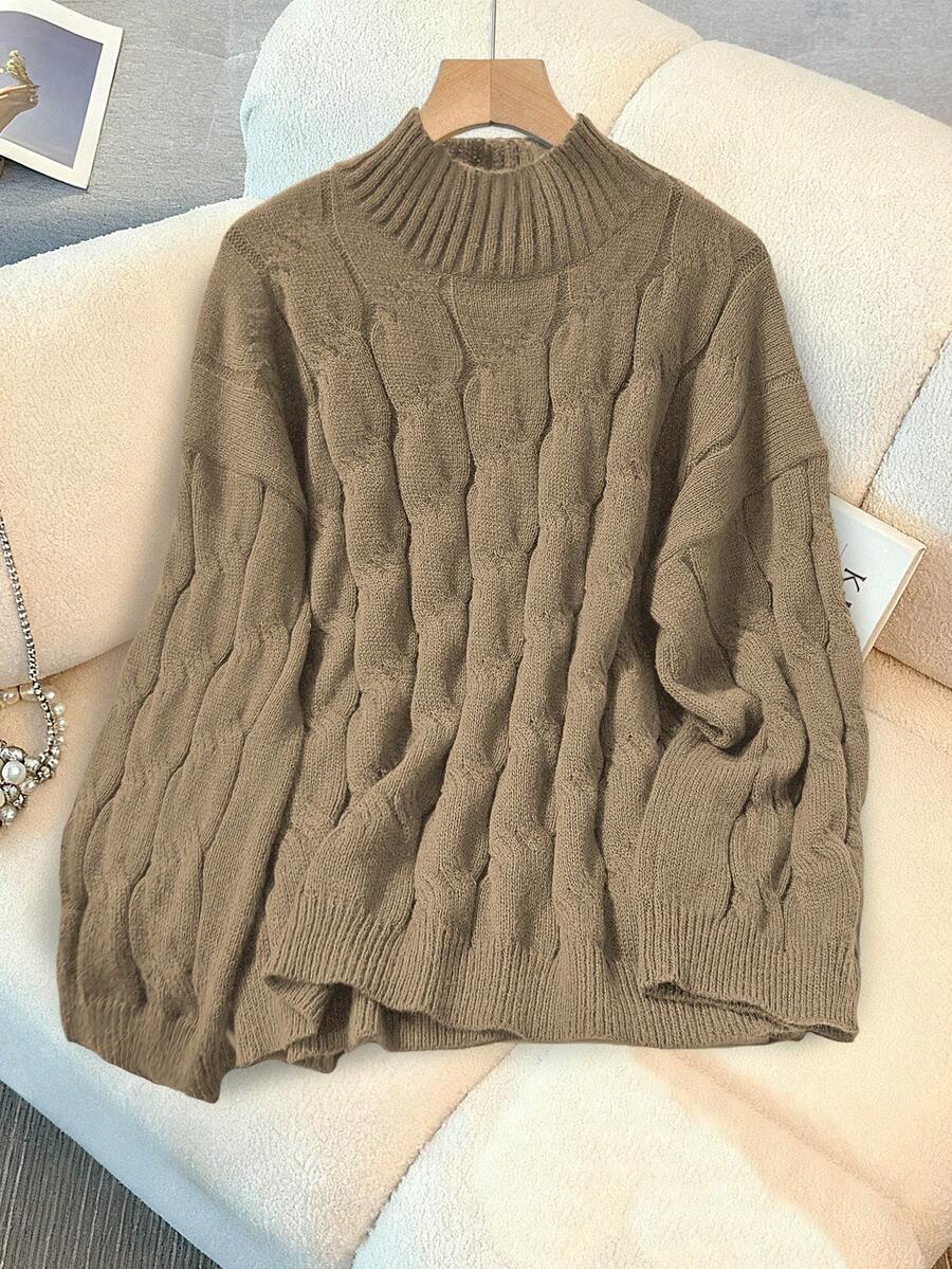 GlowEve CURVE 大码女式针织休闲毛衣上衣,喇叭袖,立领,抽绳,宽松版型,纯色套头毛衣 - 摩卡棕 - 查看 1