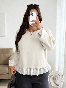 Calvaya Pull décontracté romantique avec bordure en dentelle grande taille - Beige - Voir 1