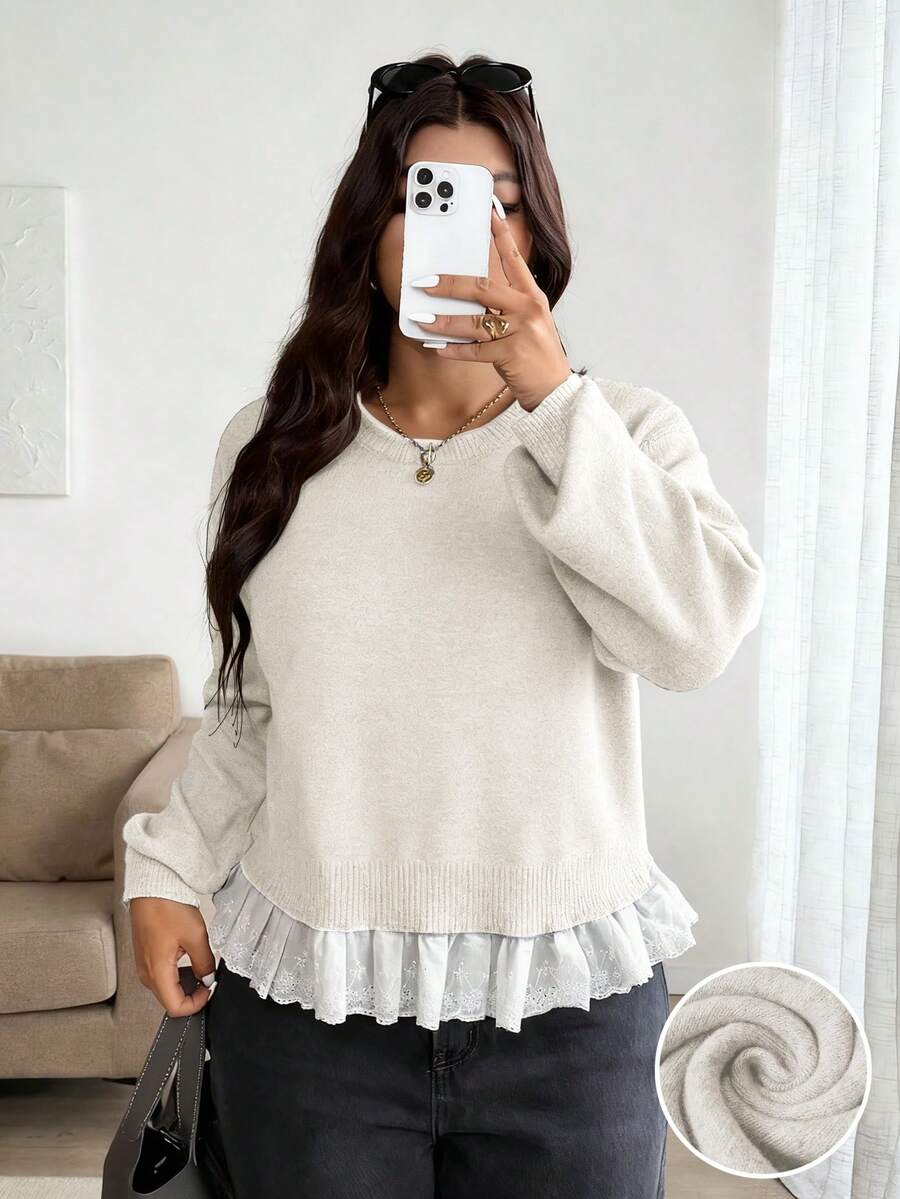 Calvaya Pull décontracté romantique avec bordure en dentelle grande taille - Beige - Voir 1