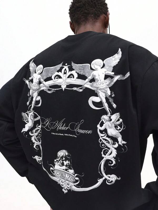 SUMWON L'Atelier Drop Shoulder Long Sleeve Oversized Graphic Tee With Baroque Angel Print