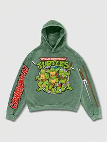 ROMWE MEN TEENAGE MUTANT NINJA TURTLES X ROMWE Men's Cartoon Pattern Green Washed Hoodie Sweatshirt, Long Sleeve Top