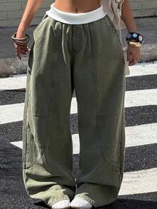 Muchica Women's Washed Contrast Waistband Pocket Wide Leg Loose Casual Pants,Baggy,Street Wear,Fall / Winter - Army Green - View 1