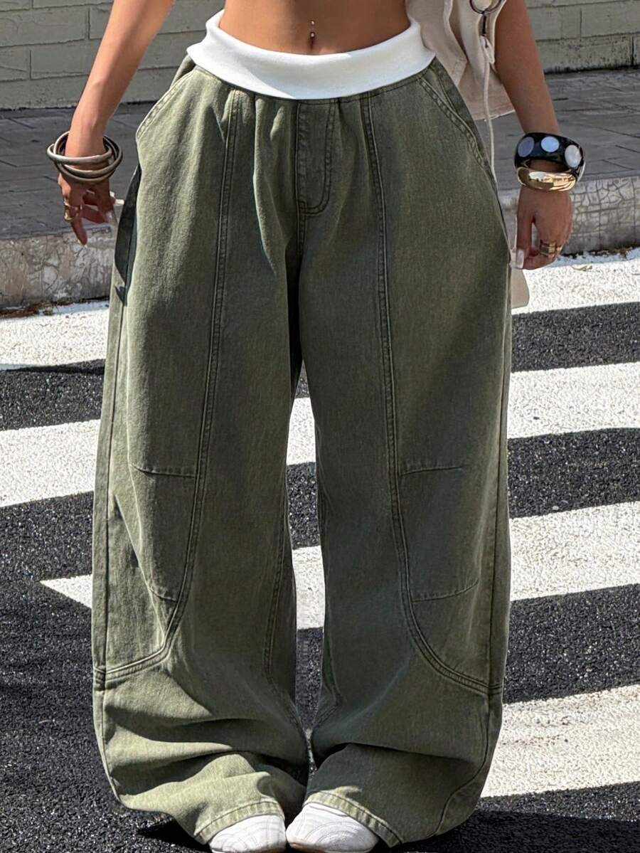 Muchica Women's Washed Contrast Waistband Pocket Wide Leg Loose Casual Pants,Baggy,Street Wear,Fall / Winter - Army Green - View 1