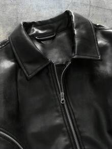 AXEPEAK Chaqueta casual de cuero sintético con cuello vuelto, manga larga y cremallera, unicolor, para otoño - Negro - Ver 3