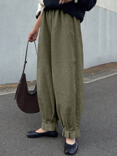 FRIFUL Women's Elastic Waist Corduroy Loose Flared Hem Ankle Pants