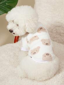 PETSIN 1件宠物猫狗白色卡其色小熊印花天鹅绒面料，保暖、弹性好、舒适，狗狗圆领卫衣 - 白色 - 查看 5