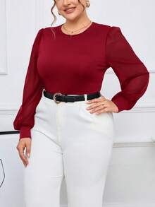 SHEIN Tall CURVE 加对比网眼灯笼袖优雅黑色紧身衣，冬季 - 酒紅色 - 查看 4