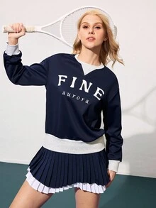 Gameset SHEIN Sport 女式休闲日常字母图案运动衫，秋季 - 藏蓝色 - 查看 4