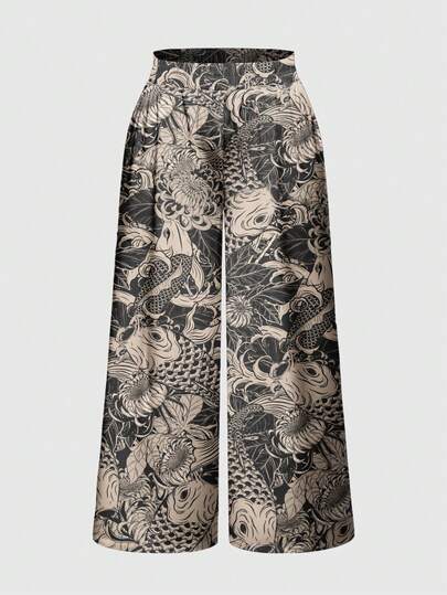 Grunge Punk Plus Size Chinese Ink Painting Fish Print Loose Wide Leg Pants