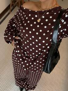 Muchica 女士秋冬摩卡波点斜肩宽松卫衣和运动裤套装 - 棕色 - 查看 6