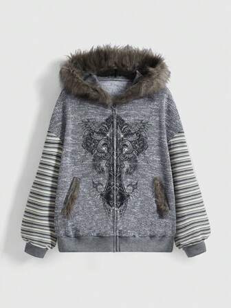 Grunge Punk Sudadera holgada con alas punk, estampado de cruz, rhinestones, parches de rayas degradadas y tela suave para mujer de talla grande