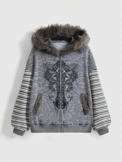 Grunge Punk Plus Size Women's Loose Sweatshirt With Punk Wing, Cross Print, Rhinestones, Gradient Striped Patchwork Fuzzy Fabric, Plus Size/Winter