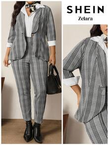Zelara Plus Size Casual/Office Minimalist Blazer And Pants 2 Pieces Suit Set Casual Sets For Women Casual Outfit For Women Thanksgiving Outfit For Women Fall Outfits For Women Women's Winter Clothes Party Outfit Thanksgiving Winter Clothes New Year Outfit  Casual Sets For Women  Casual Blouses For Ladies Plaid - Black and White - View 9