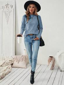 EMERY ROSE Women's Solid Color Casual Drop Shoulder Fitted Sweater, Autumn/Winter Thin Sweater - Blue - View 3