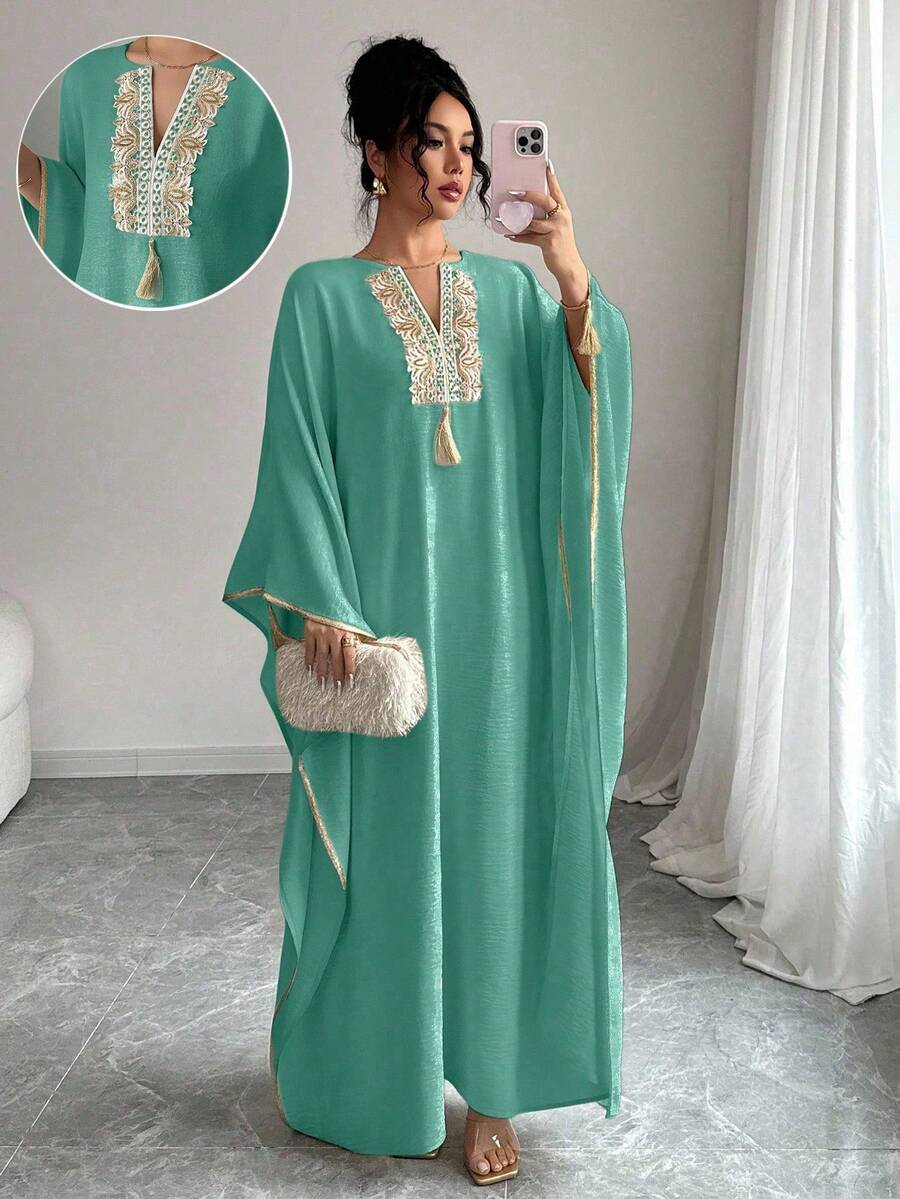 Rafferiza Women's V-Neck Fringe Design Batwing Sleeve Loose Long Dress