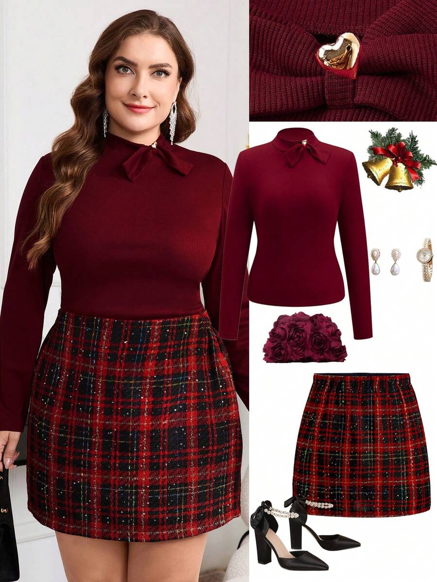 Ellevyn 大码酒红色领结针织上衣和粗花呢亮片格子迷你裙两件套，圣诞节两件套，针织迷你裙两件套，新年装，圣诞装 - 彩色 - 查看 1