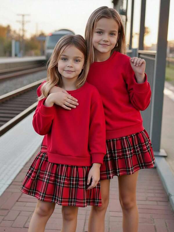 Emery Rose Kids Vestito a maniche lunghe con blocchi di colore per ragazze pre-adolescenti, vestito rosso, felpa rossa, vestito natalizio, adatto per uso quotidiano, feste, scuola