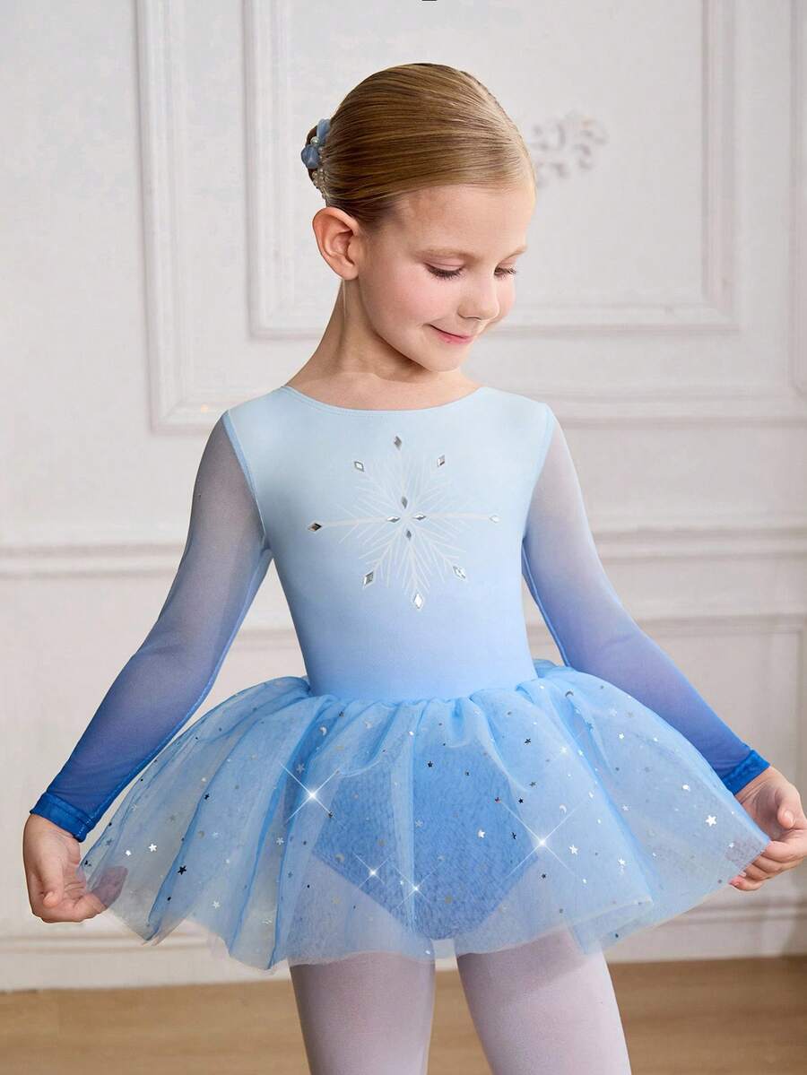 SHEIN 小女孩印花水钻紧身衣，校园比赛芭蕾薄纱裙，可爱亮片泡泡袖舞蹈连体衣