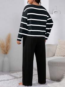 SHEIN Women's Plus Size Striped Drop-Shoulder Casual T-Shirt And Solid Color Straight Leg Pants Pajama Set, Cozy Outfits, Fall Winter Clothes - Black - View 2