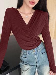 DAZY 女式纯色简约长袖 V 领羊毛交叉 T 恤，日常穿着 - 酒紅色 - 查看 5