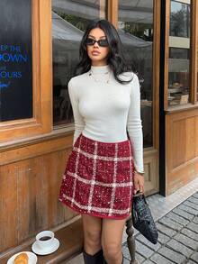 Serisse Chân váy chữ A họa tiết kẻ caro trang trí sequin thanh lịch dành cho nữ, Thu/Đông - Đỏ - Xem 7