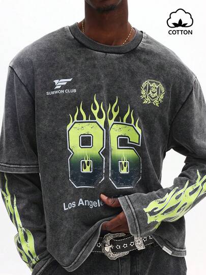 SUMWON 火焰印花长袖棉质圆领T恤，带有俱乐部标志