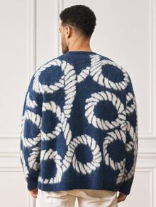 EASEVO Plus Size Men's Rope Pattern Drop Shoulder Long Sleeve Casual Knit Cardigan, Autumn/Winter - Navy Blue - View 2