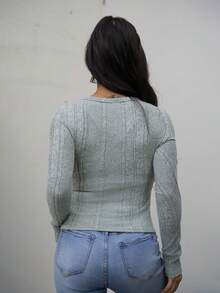 SAYEHFBABY Women's Sage Green Rib Knit Top, Front Center Button, Long Sleeve Tee - Mint Green - View 2