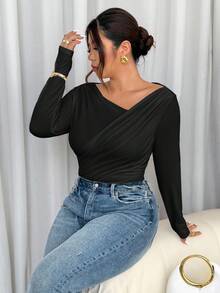 Firerie 大码女式优雅简约时尚性感紧身衣，适合通勤、音乐节、度假，不对称领口，垂坠，弹力长袖，秋冬 - 黑色 - 查看 6