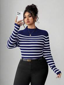 Elenzga Áo len chui đầu tay dài kẻ sọc thường ngày cỡ lớn dành cho nữ, mùa thu/đông - Xanh đậm - Xem 6