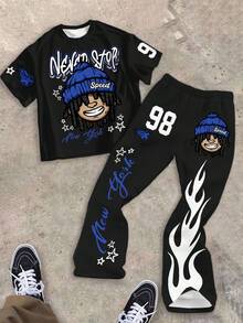 SHEIN Bộ 2 món áo thun tay ngắn in hình ngôi sao và quần ống loe cổ điển, phong cách hoạt hình thường ngày cho bé trai, tên thành phố New York, chữ cái, ngọn lửa, phù hợp cho mùa xuân/hè - Nhiều màu - Xem 1