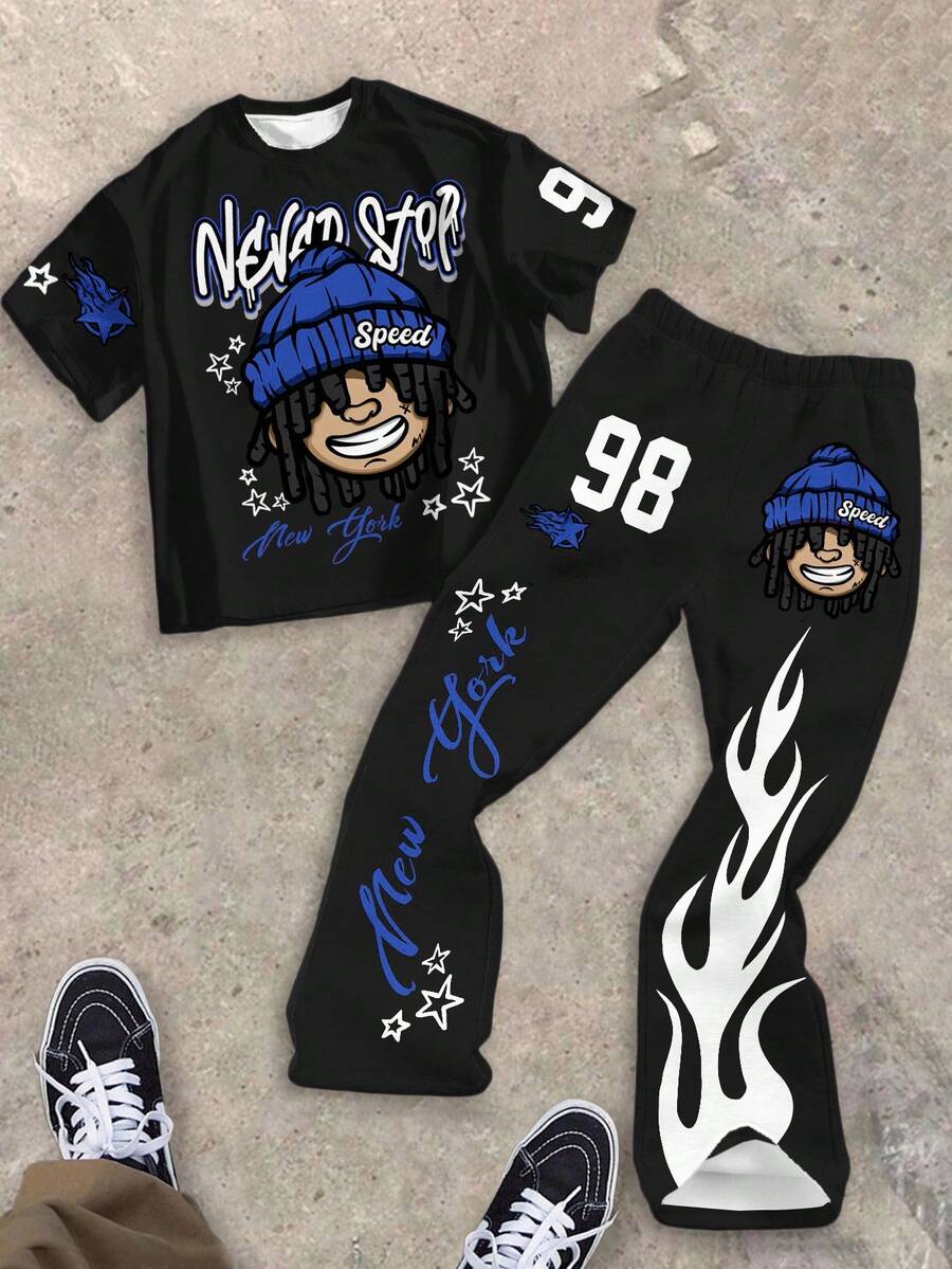 SHEIN Bộ 2 món áo thun tay ngắn in hình ngôi sao và quần ống loe cổ điển, phong cách hoạt hình thường ngày cho bé trai, tên thành phố New York, chữ cái, ngọn lửa, phù hợp cho mùa xuân/hè - Nhiều màu - Xem 1