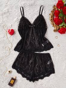 SHEIN 女士性感透明玫瑰蕾丝吊带背心和短裤睡衣套装 - 黑色 - 查看 1