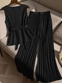 GlowEve CURVE 2 sztuki/zestaw damski top bez rękawów plus size i swobodne szerokie nogawki plisowane spodnie